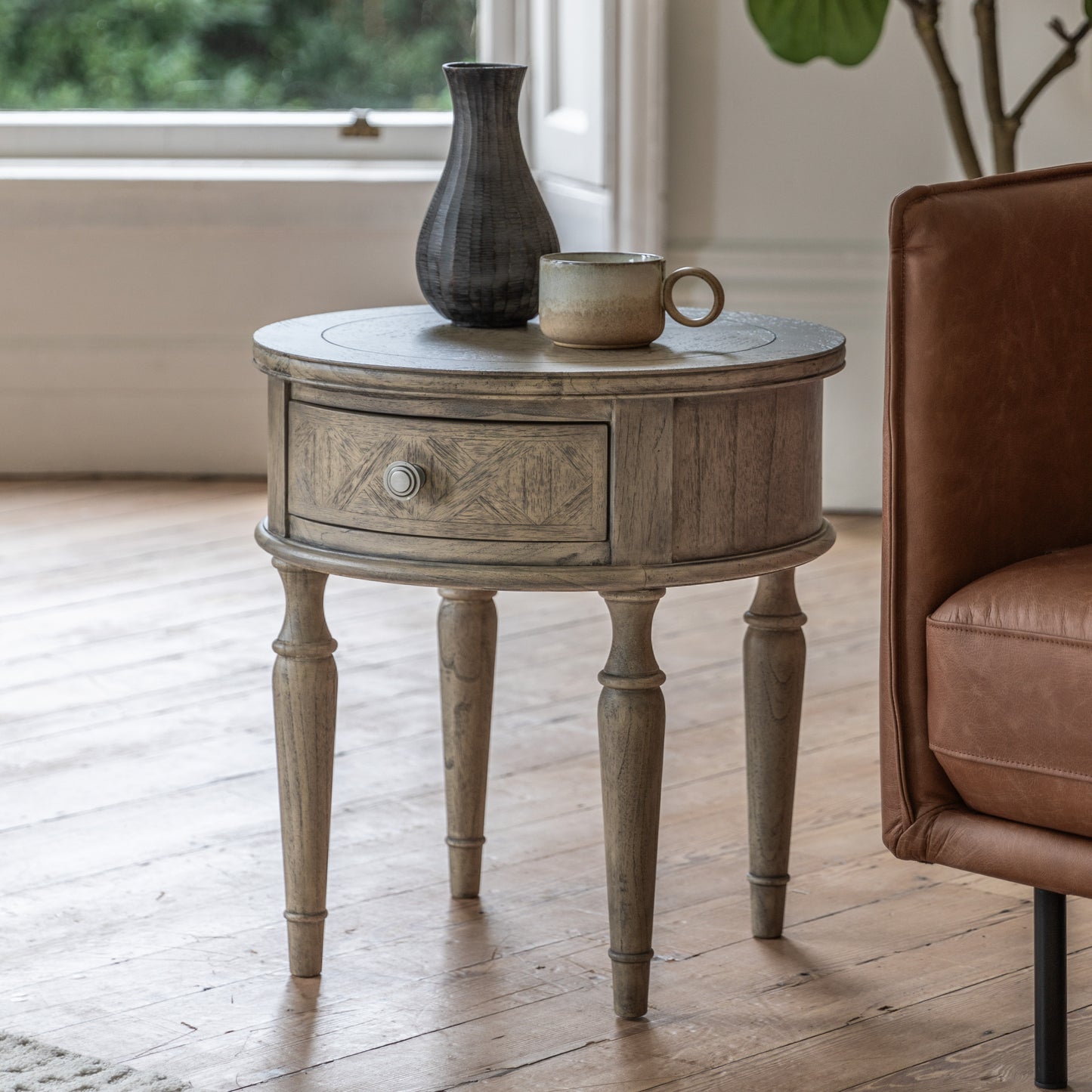 Mustique Round 1 Drawer Side Table Natural