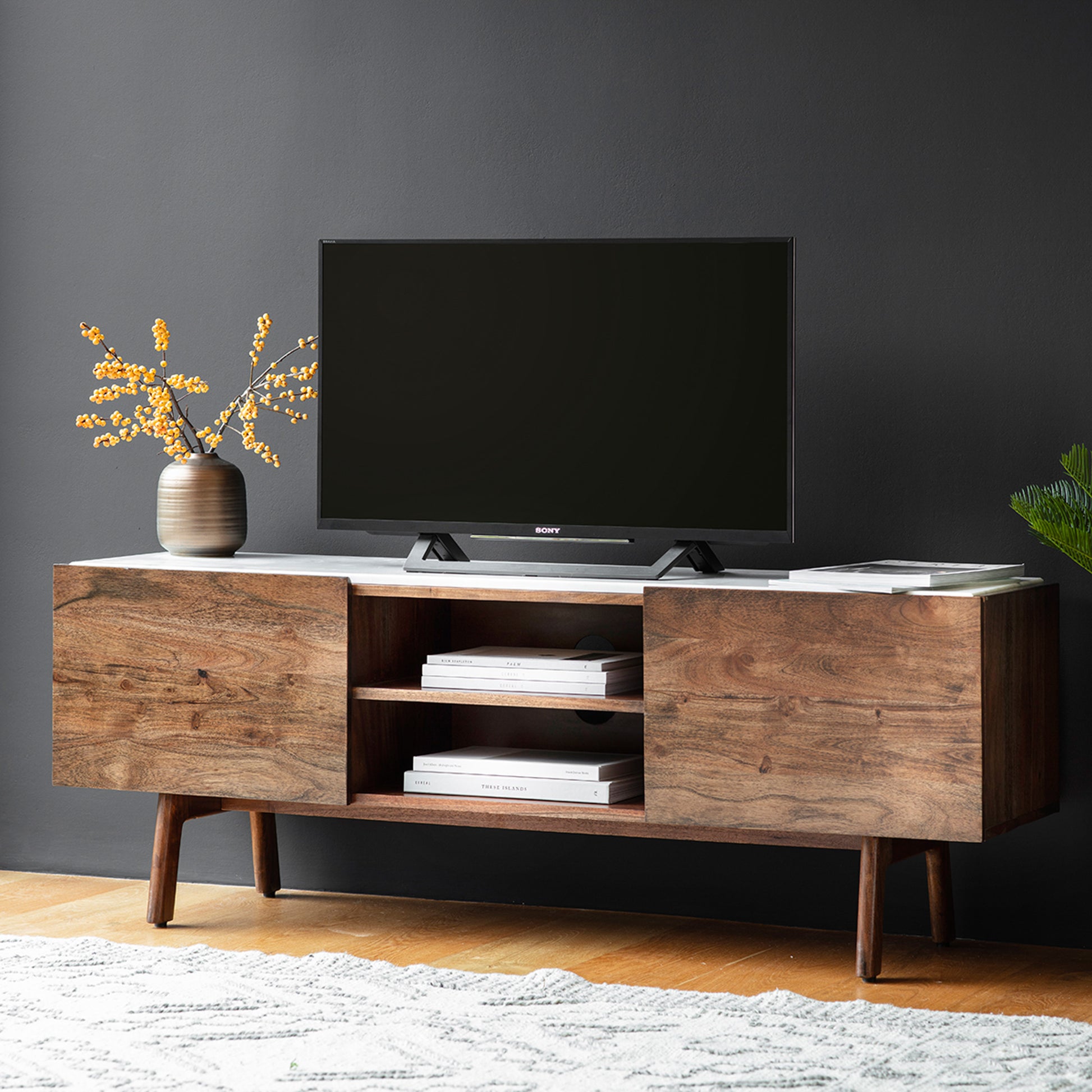 Barcelona Media Cabinet Dark Wood / Marble